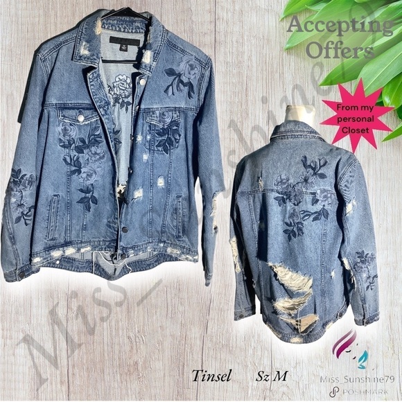 ⭐️ TINSEL - Sz M - totally distressed jean jacket all over - rounded hem as well - Picture 1 of 15